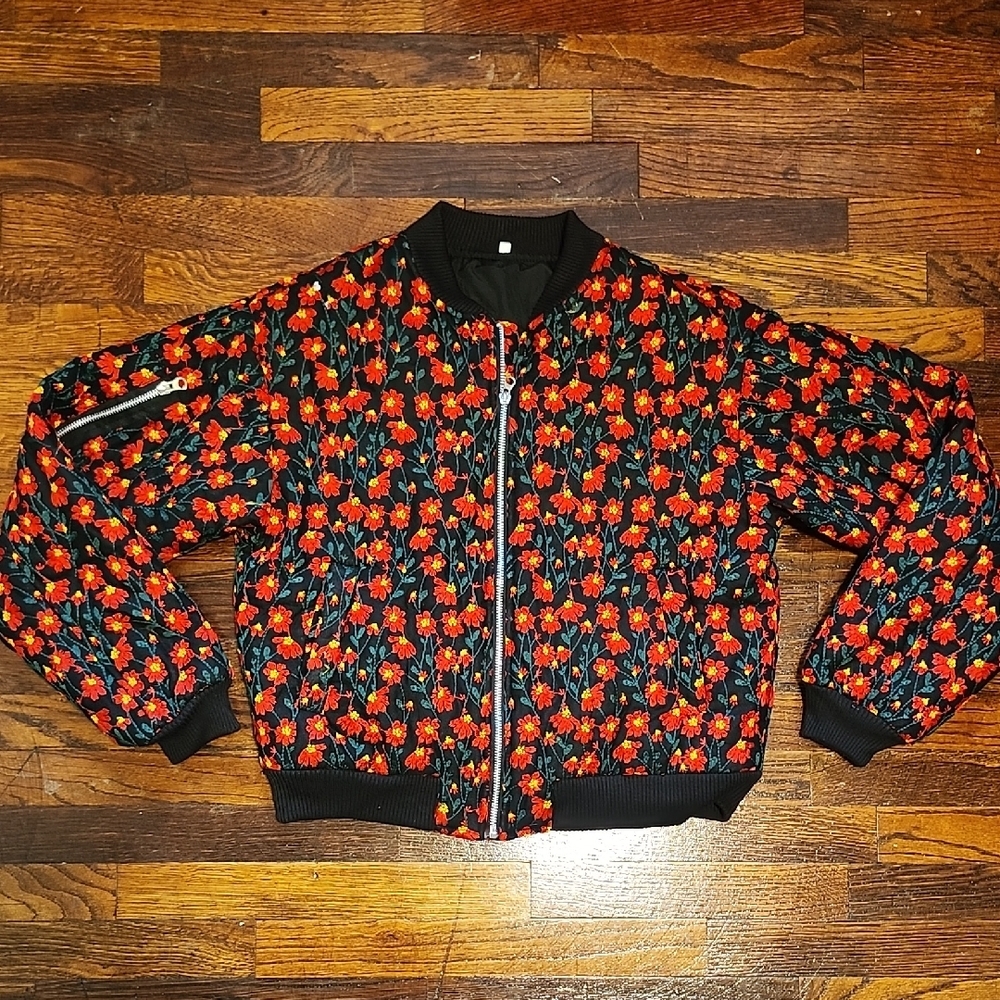 Unbranded Bold Embroidered Floral Zip Up Bomber Jacket Size Cotton Linen Blend